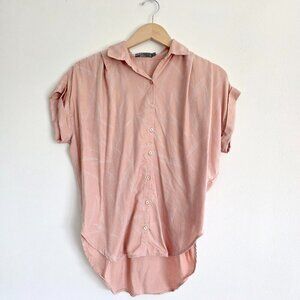 Prana Travel Fremont Button Up Top Feathery Botanical Print Blush High-Low